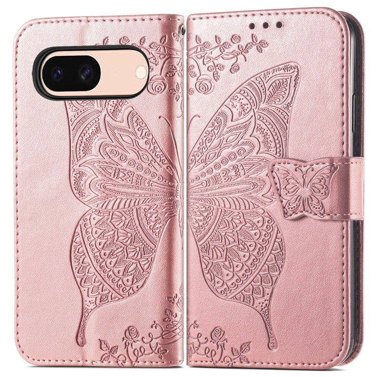 For Google Pixel 8a Case Butterfly Leather Wallet Stand Phone Cover - Rose Gold