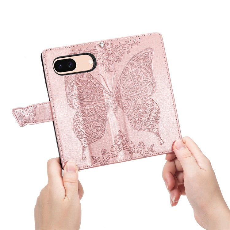 For Google Pixel 8a Case Butterfly Leather Wallet Stand Phone Cover - Rose Gold