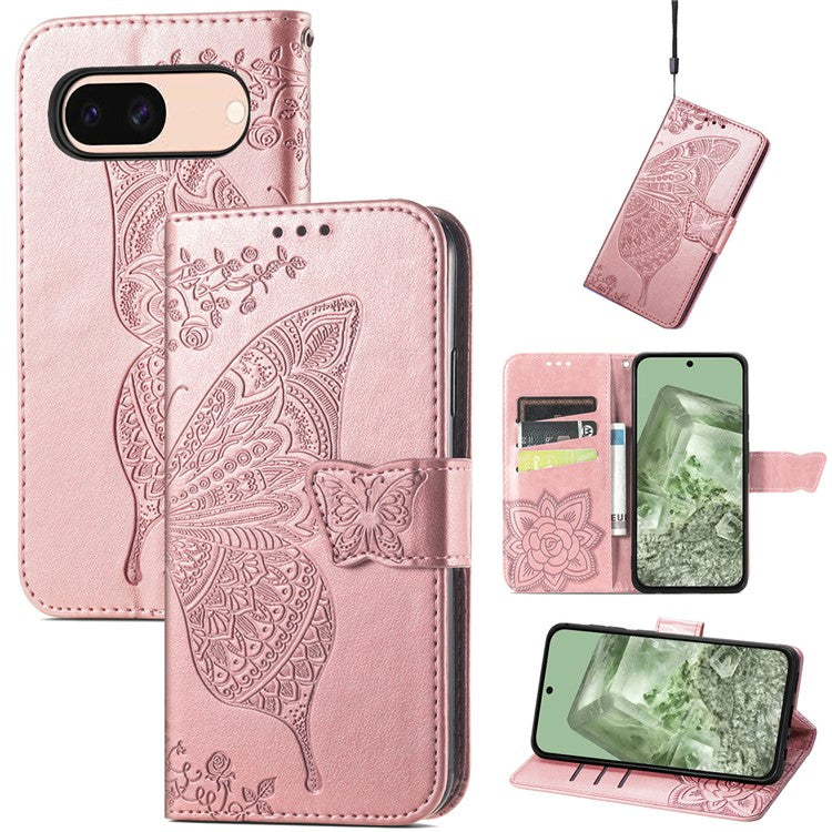 For Google Pixel 8a Case Butterfly Leather Wallet Stand Phone Cover - Rose Gold