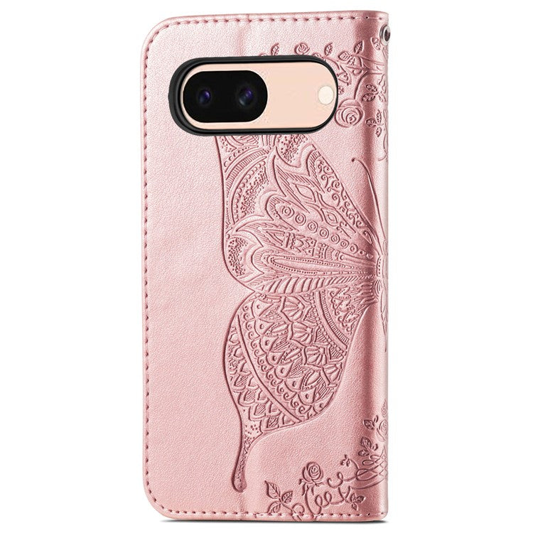 For Google Pixel 8a Case Butterfly Leather Wallet Stand Phone Cover - Rose Gold