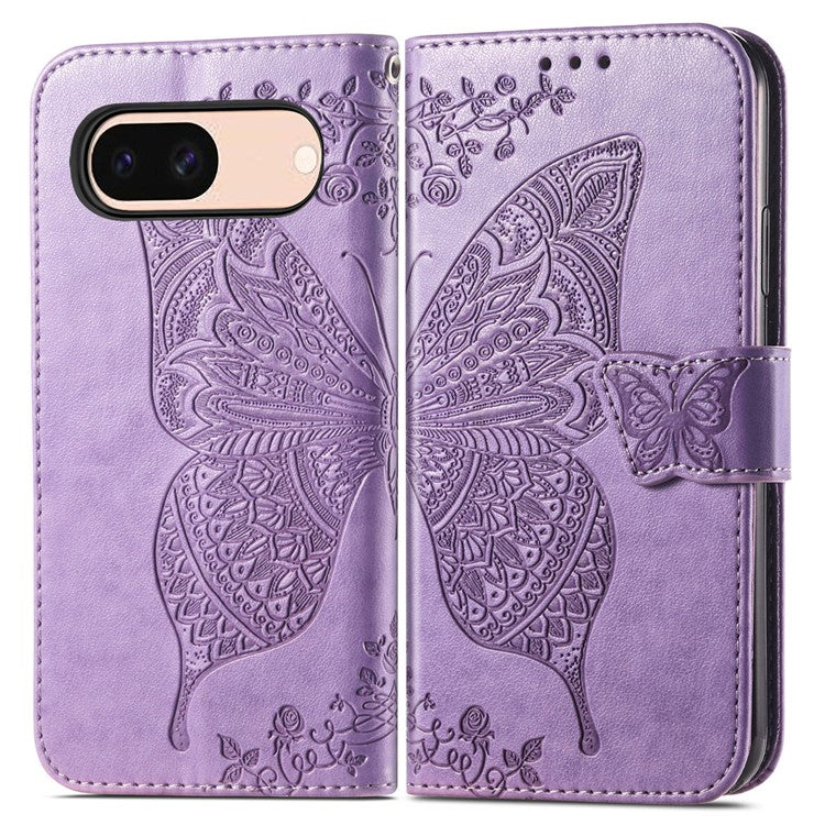 For Google Pixel 8a Case Butterfly Leather Wallet Stand Phone Cover - Light Purple