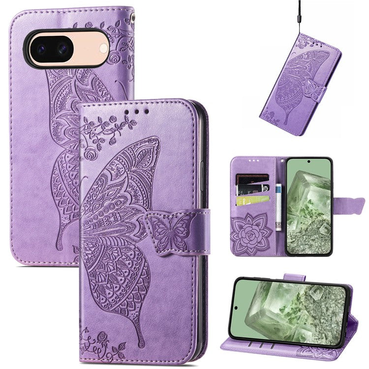 For Google Pixel 8a Case Butterfly Leather Wallet Stand Phone Cover - Light Purple