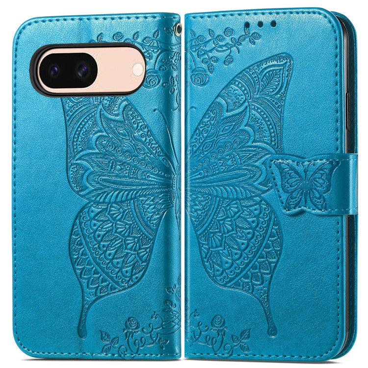 For Google Pixel 8a Case Butterfly Leather Wallet Stand Phone Cover - Blue