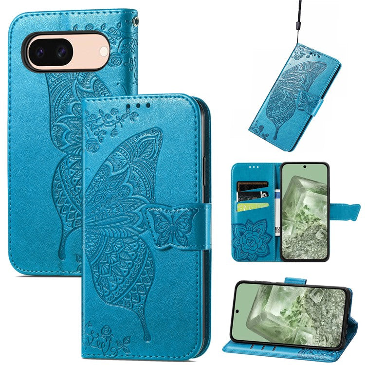 For Google Pixel 8a Case Butterfly Leather Wallet Stand Phone Cover - Blue