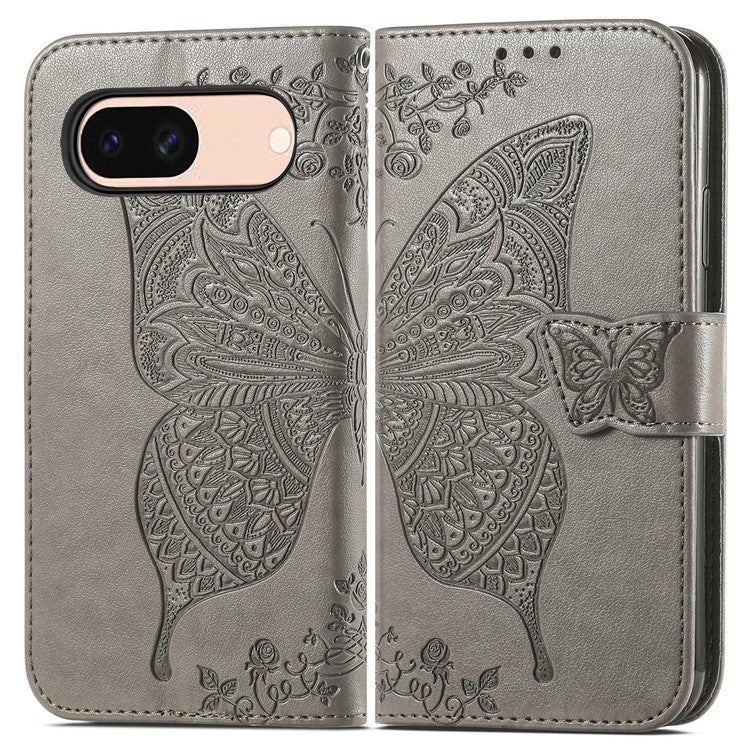 For Google Pixel 8a Case Butterfly Leather Wallet Stand Phone Cover - Grey