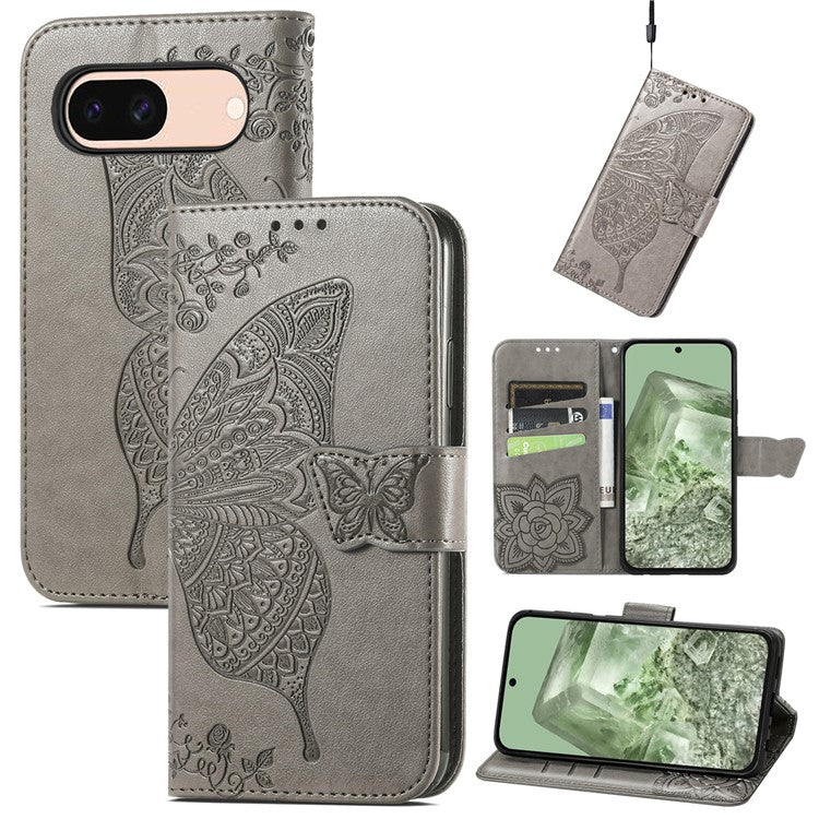 For Google Pixel 8a Case Butterfly Leather Wallet Stand Phone Cover - Grey