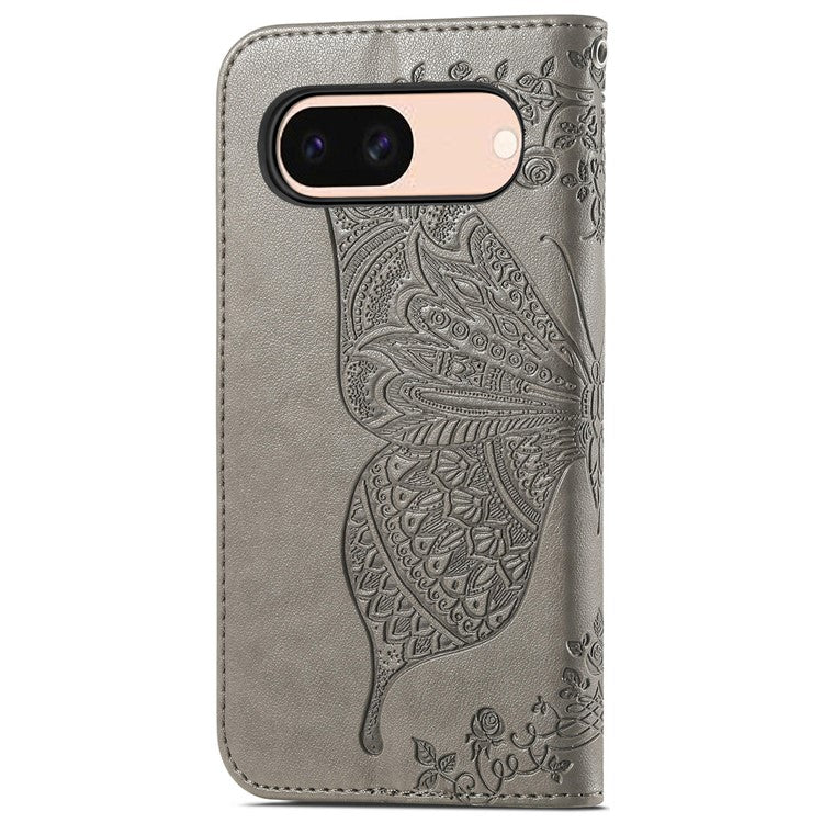 For Google Pixel 8a Case Butterfly Leather Wallet Stand Phone Cover - Grey