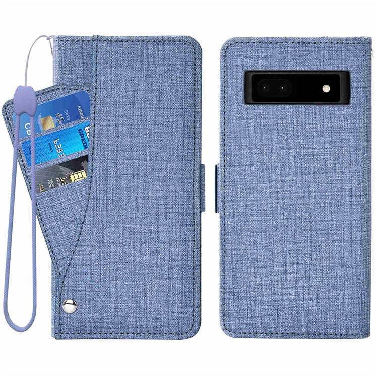 For Google Pixel 6a Jeans Cloth Texture PU Leather Stand Cover Built-in Rotating Card Slot Phone Case Wallet - Blue