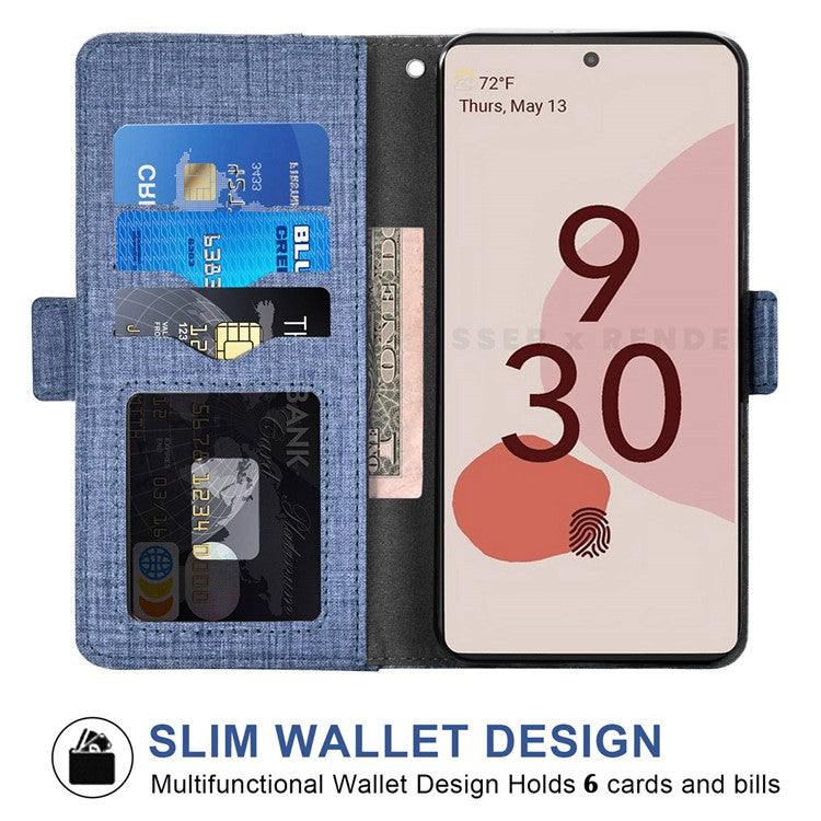 For Google Pixel 6a Jeans Cloth Texture PU Leather Stand Cover Built-in Rotating Card Slot Phone Case Wallet - Blue