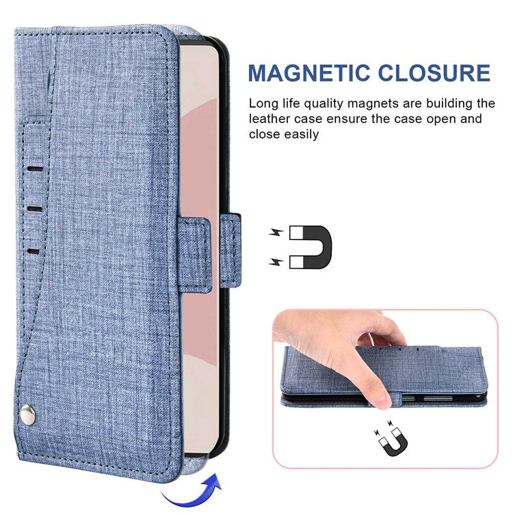 For Google Pixel 6a Jeans Cloth Texture PU Leather Stand Cover Built-in Rotating Card Slot Phone Case Wallet - Blue