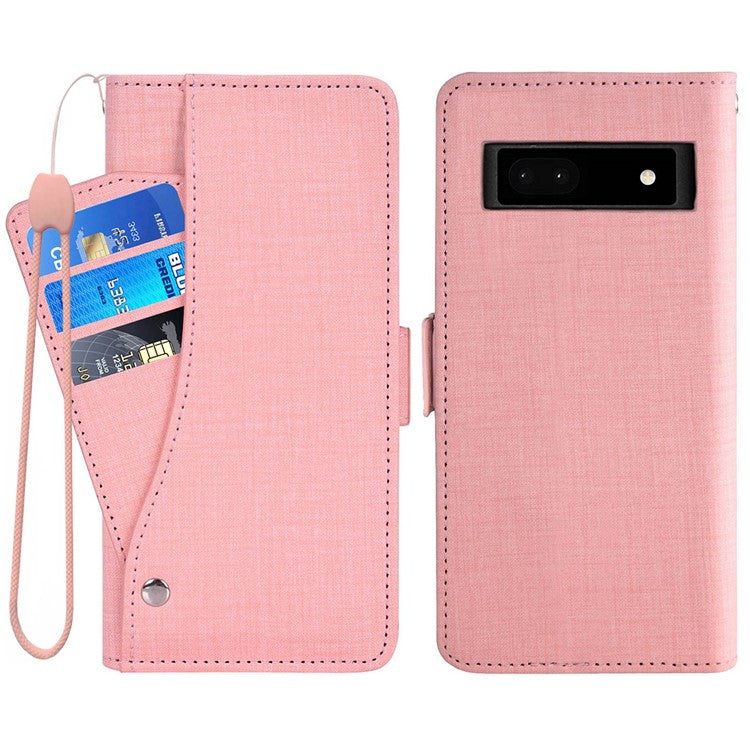 For Google Pixel 6a Jeans Cloth Texture PU Leather Stand Cover Built-in Rotating Card Slot Phone Case Wallet - Pink