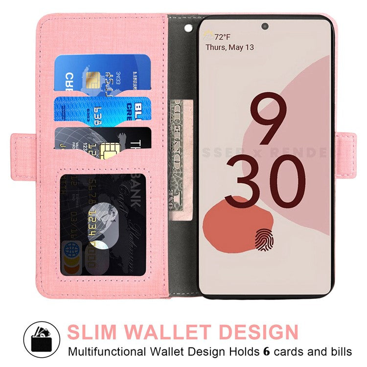 For Google Pixel 6a Jeans Cloth Texture PU Leather Stand Cover Built-in Rotating Card Slot Phone Case Wallet - Pink