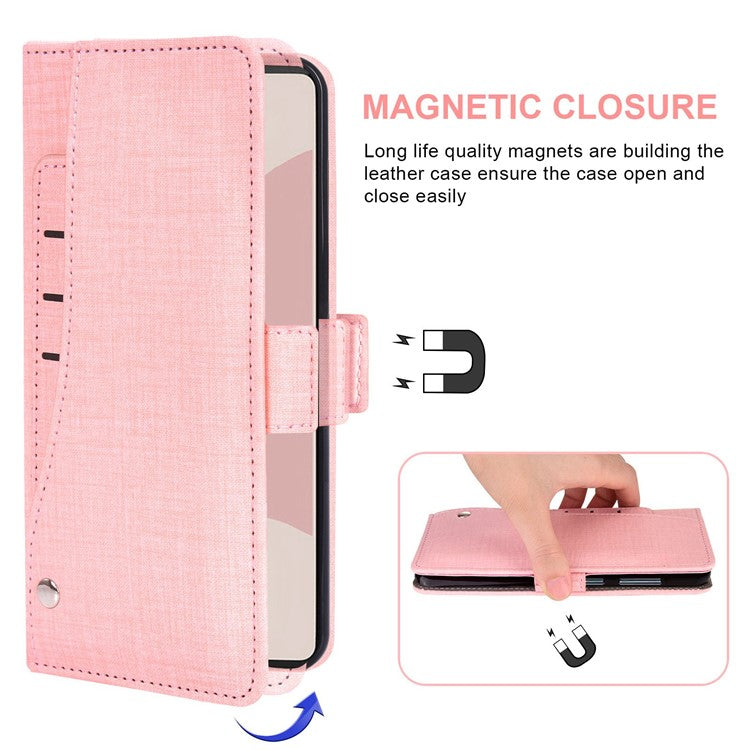 For Google Pixel 6a Jeans Cloth Texture PU Leather Stand Cover Built-in Rotating Card Slot Phone Case Wallet - Pink