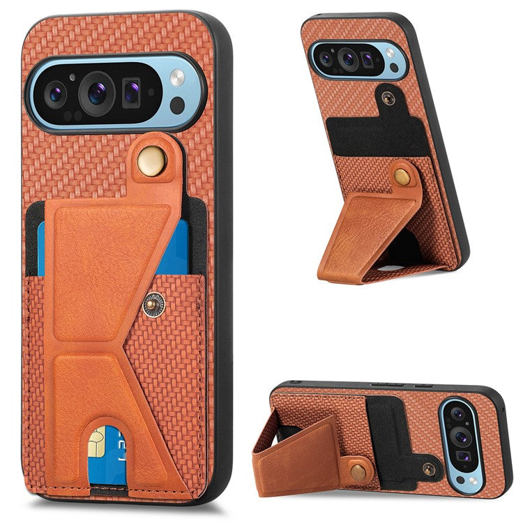 For Google Pixel 9 / Pixel 9 Pro Case K-shaped Kickstand Leather+PC+TPU Phone Cover - Brown