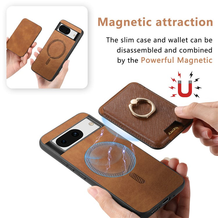 For Google Pixel 8a Case Detachable Magnetic Card Bag Leather+TPU Phone Cover - Brown