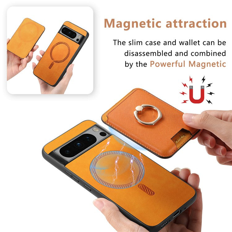 For Google Pixel 8 Pro Magnetic Case Detachable Card Holder Leather+TPU Phone Cover - Orange