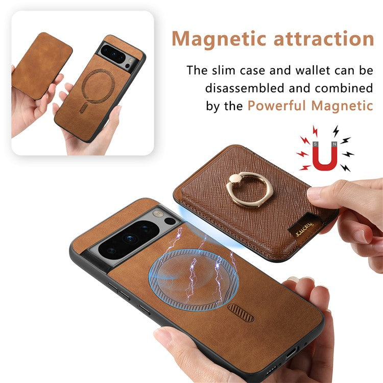 For Google Pixel 8 Pro Magnetic Case Detachable Card Holder Leather+TPU Phone Cover - Brown