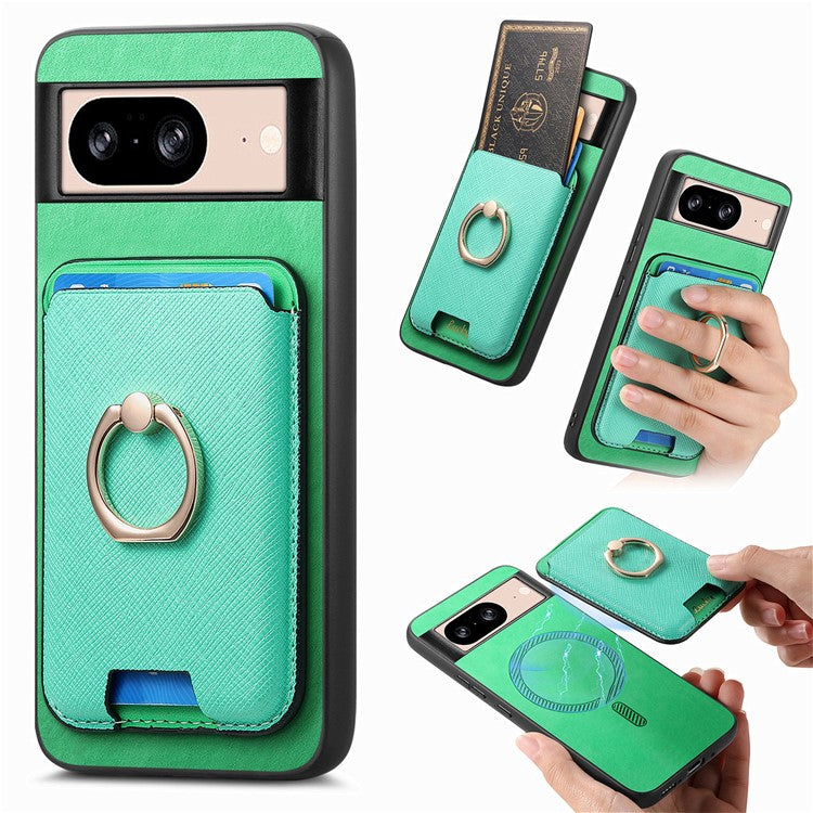 For Google Pixel 8 Case Card Holder Detachable Leather Coated TPU Phone Cover - Green