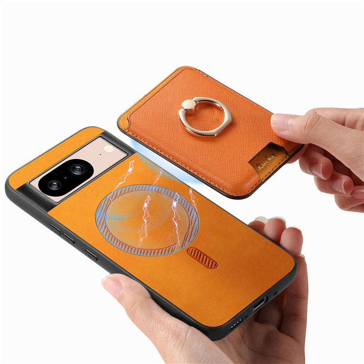 For Google Pixel 8 Case Card Holder Detachable Leather Coated TPU Phone Cover - Orange