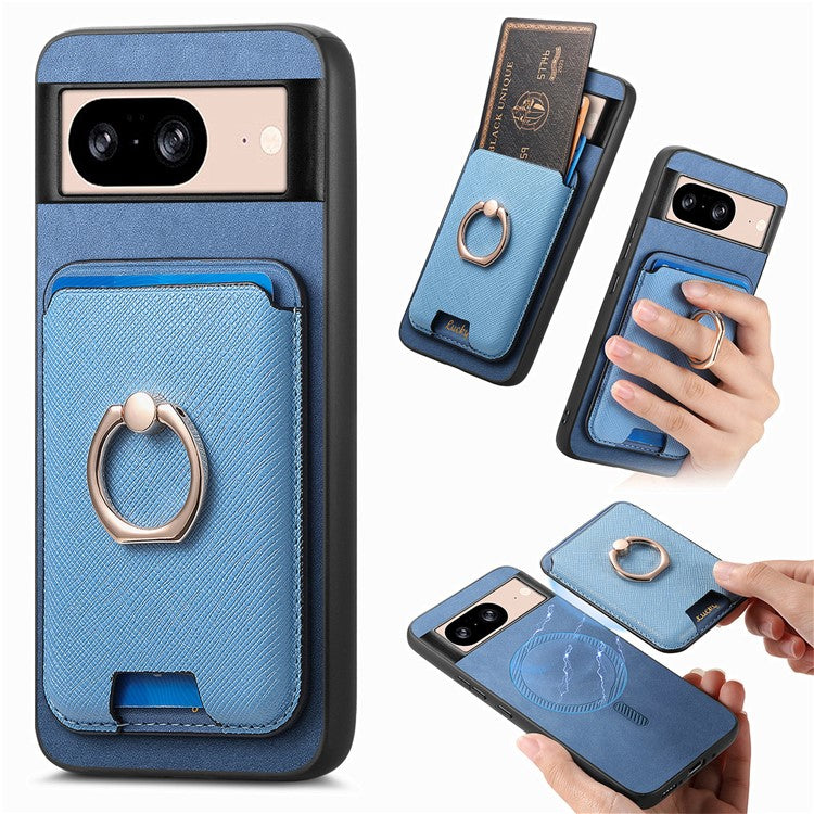 For Google Pixel 8 Case Card Holder Detachable Leather Coated TPU Phone Cover - Blue