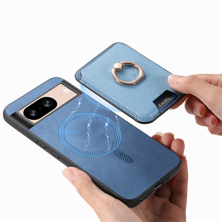 For Google Pixel 8 Case Card Holder Detachable Leather Coated TPU Phone Cover - Blue