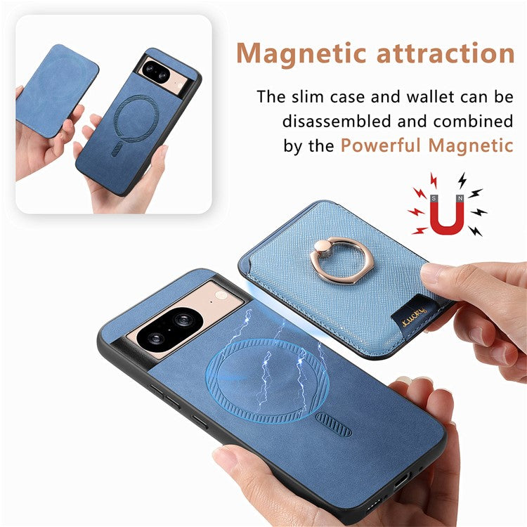 For Google Pixel 8 Case Card Holder Detachable Leather Coated TPU Phone Cover - Blue