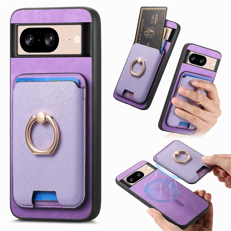 For Google Pixel 8 Case Card Holder Detachable Leather Coated TPU Phone Cover - Purple