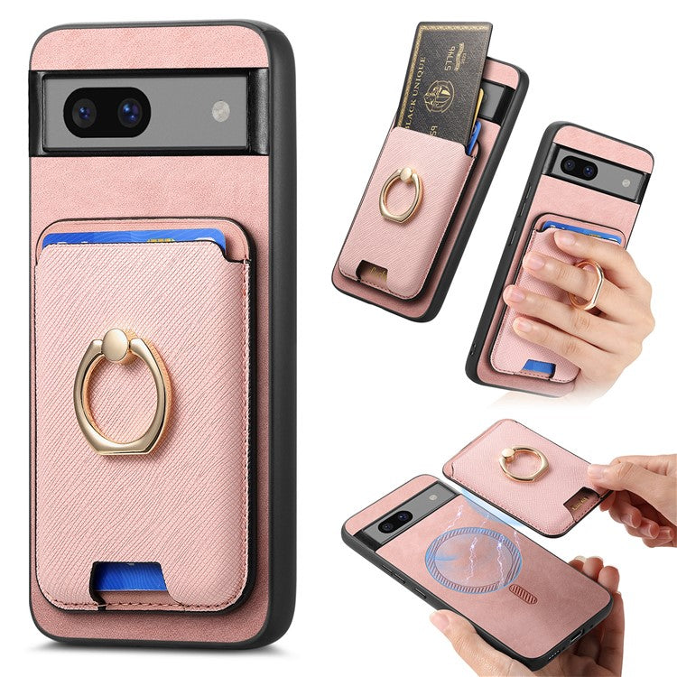 For Google Pixel 7a Case Detachable 2-in-1 Phone Cover with Ring Holder Card Bag - Rose Gold