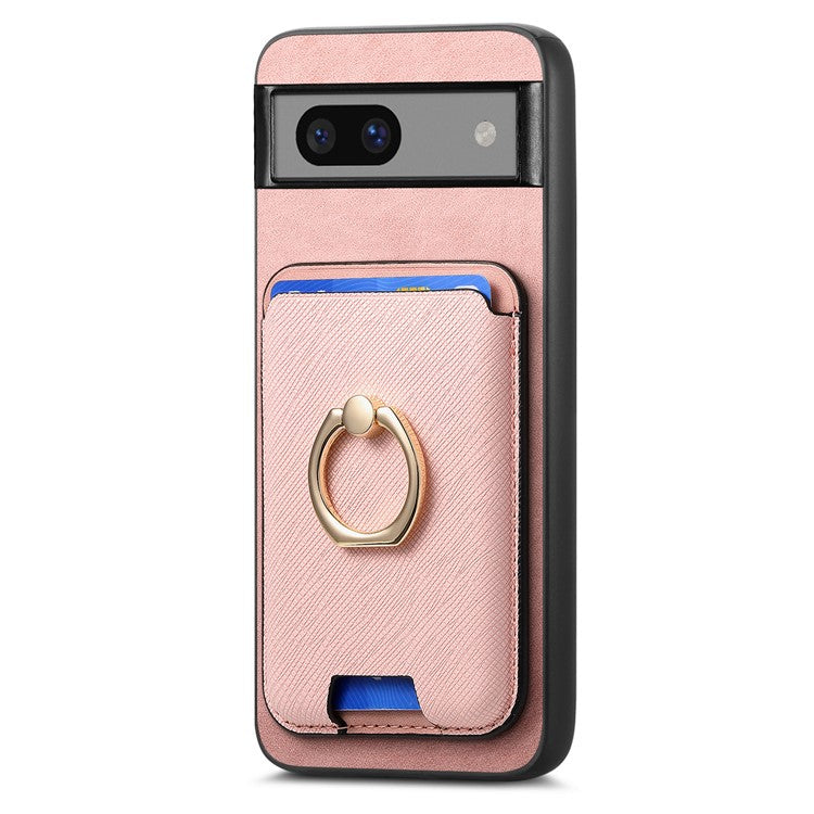 For Google Pixel 7a Case Detachable 2-in-1 Phone Cover with Ring Holder Card Bag - Rose Gold