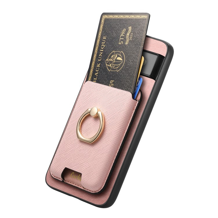 For Google Pixel 7a Case Detachable 2-in-1 Phone Cover with Ring Holder Card Bag - Rose Gold