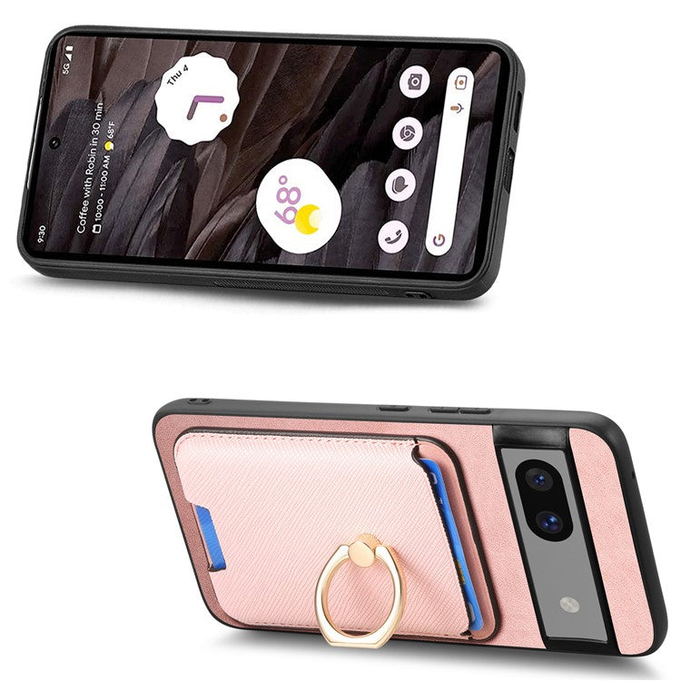 For Google Pixel 7a Case Detachable 2-in-1 Phone Cover with Ring Holder Card Bag - Rose Gold