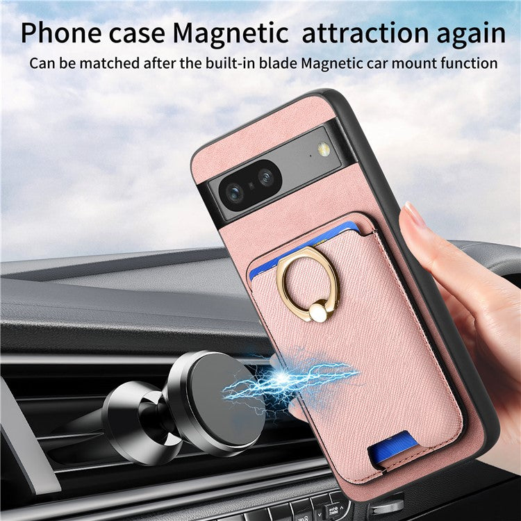 For Google Pixel 7a Case Detachable 2-in-1 Phone Cover with Ring Holder Card Bag - Rose Gold