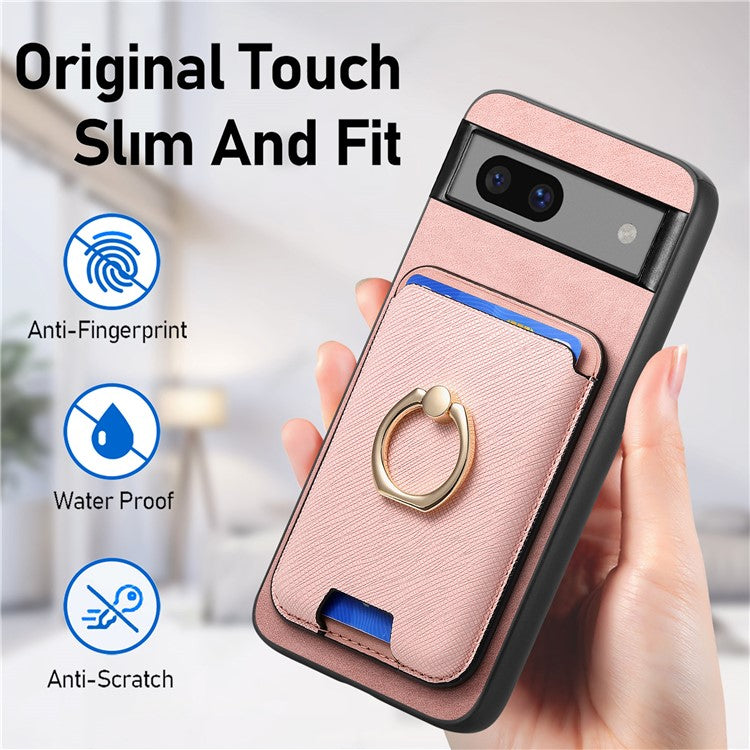 For Google Pixel 7a Case Detachable 2-in-1 Phone Cover with Ring Holder Card Bag - Rose Gold