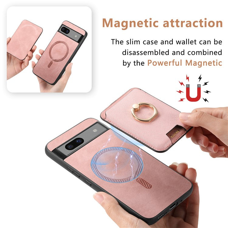 For Google Pixel 7a Case Detachable 2-in-1 Phone Cover with Ring Holder Card Bag - Rose Gold