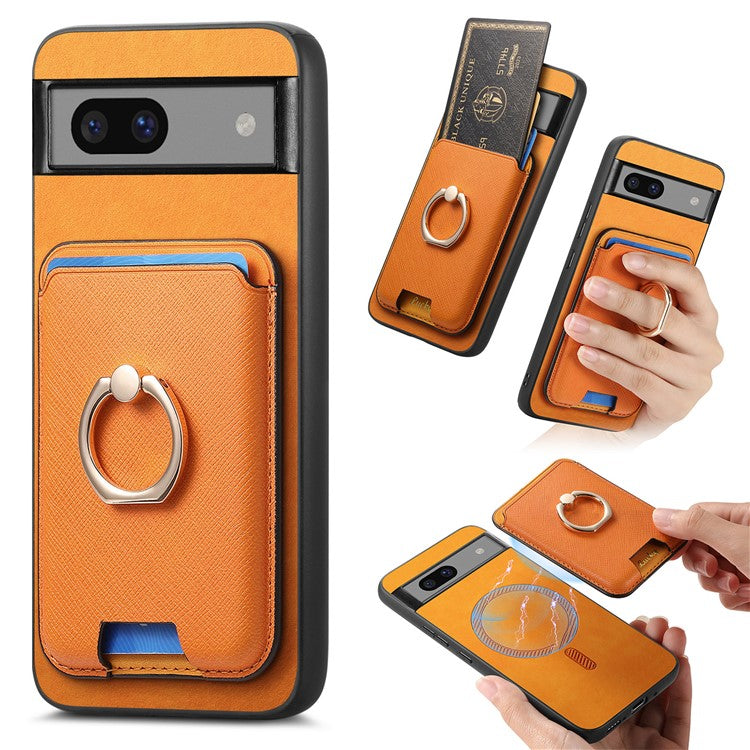 For Google Pixel 7a Case Detachable 2-in-1 Phone Cover with Ring Holder Card Bag - Orange