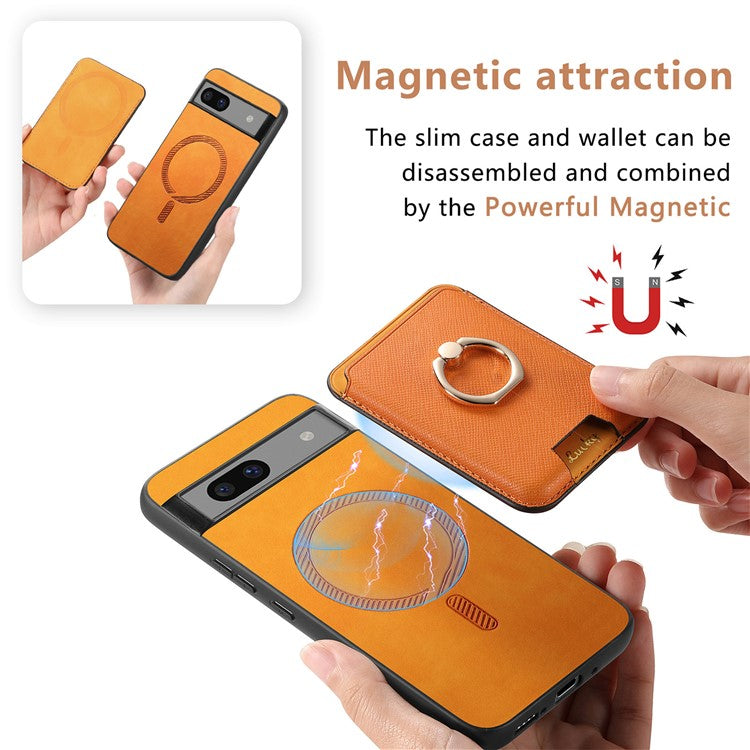 For Google Pixel 7a Case Detachable 2-in-1 Phone Cover with Ring Holder Card Bag - Orange