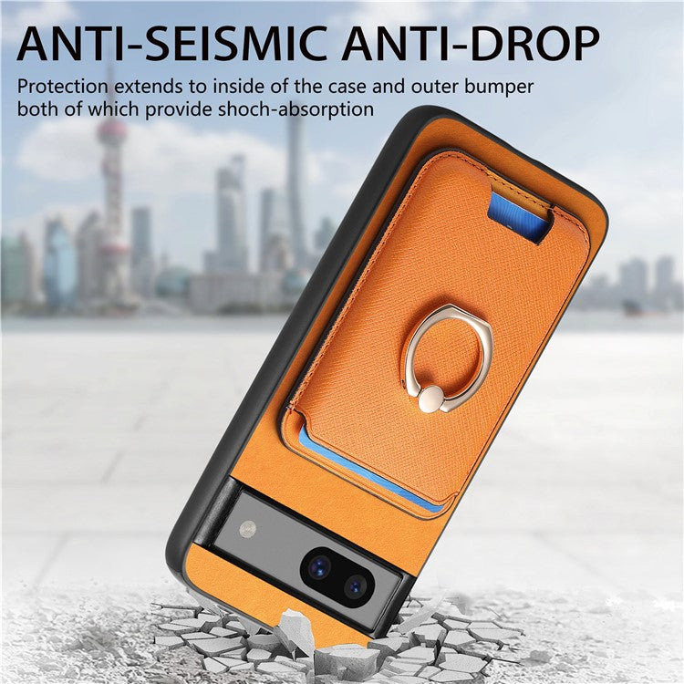 For Google Pixel 7a Case Detachable 2-in-1 Phone Cover with Ring Holder Card Bag - Orange