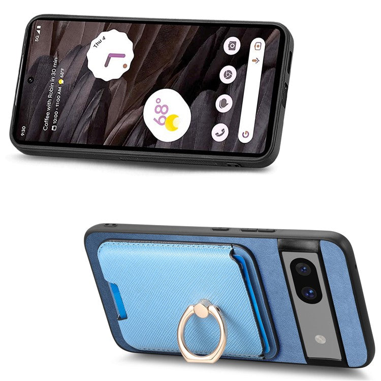 For Google Pixel 7a Case Detachable 2-in-1 Phone Cover with Ring Holder Card Bag - Blue