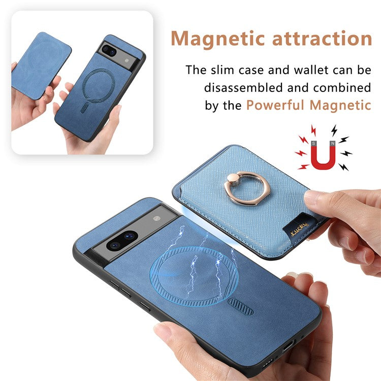 For Google Pixel 7a Case Detachable 2-in-1 Phone Cover with Ring Holder Card Bag - Blue