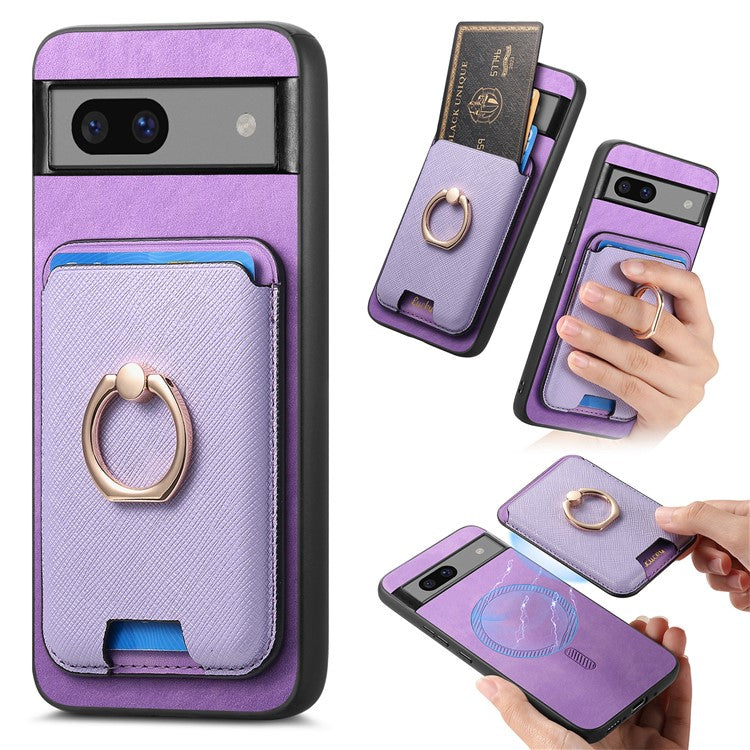 For Google Pixel 7a Case Detachable 2-in-1 Phone Cover with Ring Holder Card Bag - Purple