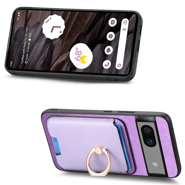 For Google Pixel 7a Case Detachable 2-in-1 Phone Cover with Ring Holder Card Bag - Purple