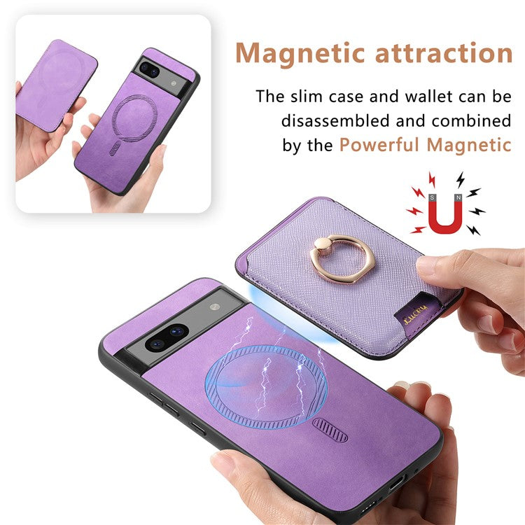 For Google Pixel 7a Case Detachable 2-in-1 Phone Cover with Ring Holder Card Bag - Purple