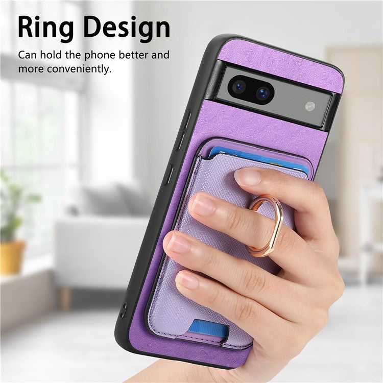 For Google Pixel 7a Case Detachable 2-in-1 Phone Cover with Ring Holder Card Bag - Purple