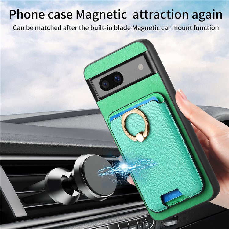 For Google Pixel 7a Case Detachable 2-in-1 Phone Cover with Ring Holder Card Bag - Green