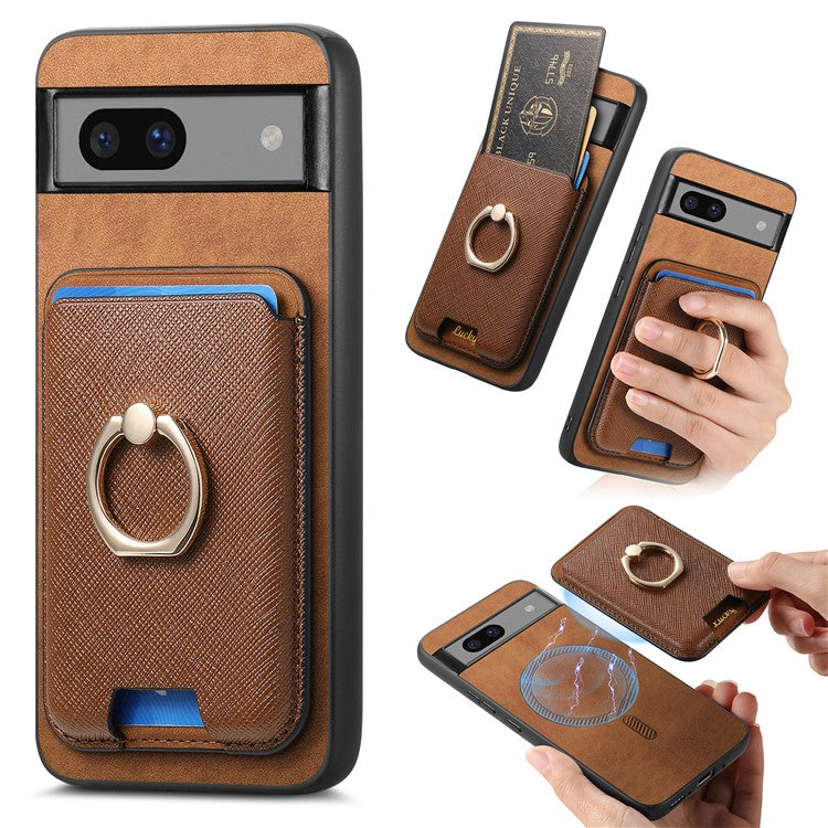 For Google Pixel 7a Case Detachable 2-in-1 Phone Cover with Ring Holder Card Bag - Brown