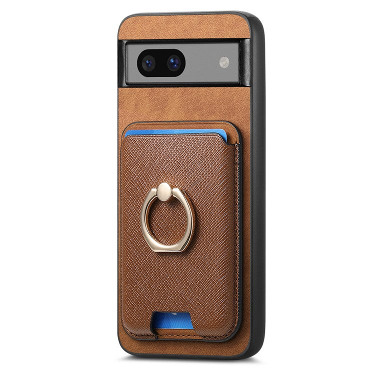 For Google Pixel 7a Case Detachable 2-in-1 Phone Cover with Ring Holder Card Bag - Brown