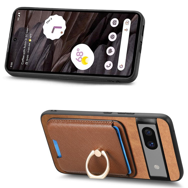 For Google Pixel 7a Case Detachable 2-in-1 Phone Cover with Ring Holder Card Bag - Brown