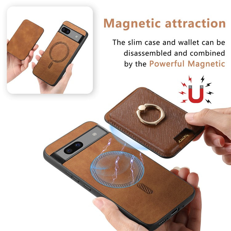 For Google Pixel 7a Case Detachable 2-in-1 Phone Cover with Ring Holder Card Bag - Brown