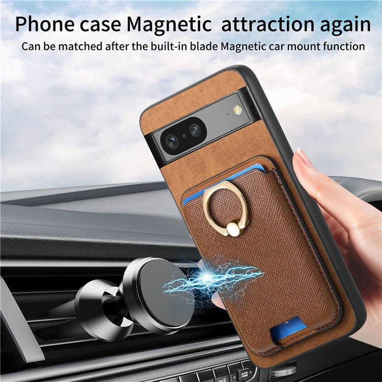 For Google Pixel 7a Case Detachable 2-in-1 Phone Cover with Ring Holder Card Bag - Brown