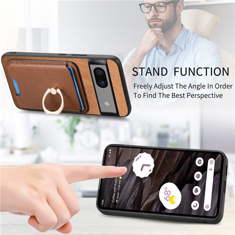 For Google Pixel 7a Case Detachable 2-in-1 Phone Cover with Ring Holder Card Bag - Brown